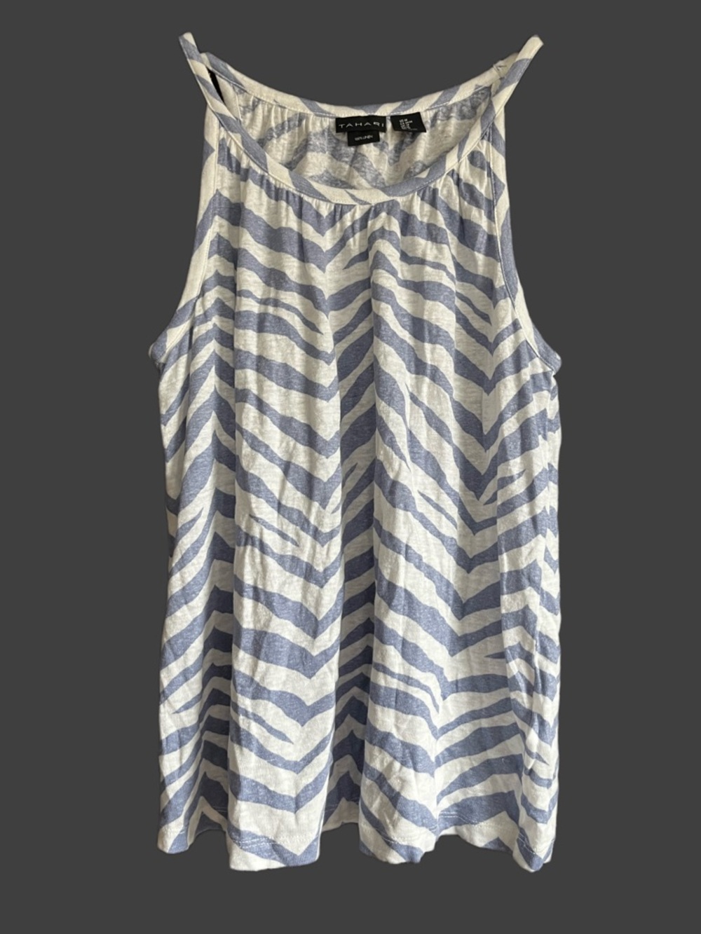 Tahari 100% Linen Blue and White Zebra Print Tank Top Medium